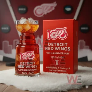 Detroit Red Wings anniversary trophy shaped glass and box displayed on a white rug with hockey themed decor in the background!