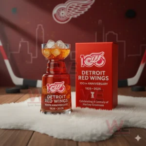 Detroit Red Wings 100th Anniversary 1926-2026 Stanley Cup Glass 4 Tall red Detroit Red Wings themed cup and anniversary box placed on a white rug with hockey elements behind them!
