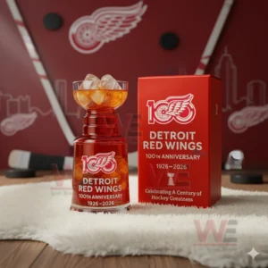 Detroit Red Wings 100th Anniversary 1926-2026 Stanley Cup Glass 5 Red Detroit Red Wings trophy style glass and box displayed on a white rug with hockey themed decor in the background!