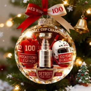 Detroit Red Wings themed Christmas ornament with hockey trophy jersey and helmet displayed on a decorated tree!