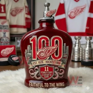 Red anniversary hockey themed bottle with ornate logo city imagery and championship references placed in a memorabilia display setting!