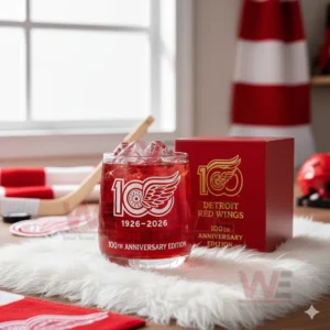 Detroit Red Wings 100th Anniversary Rocks Whiskey Glass 4 Detroit Red Wings commemorative whiskey glass with red drink ice and anniversary box in a warm interior scene!
