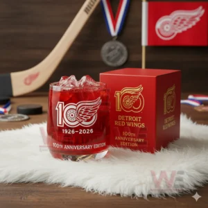 Detroit Red Wings 100th Anniversary Rocks Whiskey Glass 5 Detroit Red Wings anniversary whiskey glass with red drink ice and collector box in a hockey inspired display!