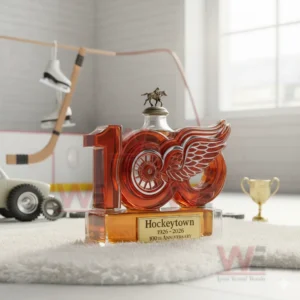 A collectible red wing themed whiskey bottle positioned on a white fur mat with a hockey bench background!