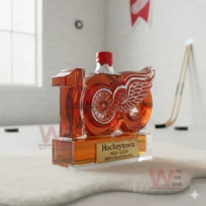 Detroit Red Wings 100th Anniversary Whiskey Bottle 7 Side view of a Detroit Red Wings inspired whiskey bottle resting on white fur with rink elements behind!