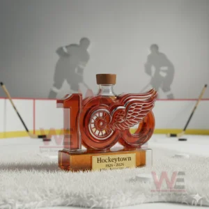 Detroit Red Wings 100th Anniversary Whiskey Bottle 8 Red wing shaped whiskey bottle displayed on a white mat with hockey players shadows on the rink wall!