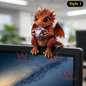 Small red baby dragon figurine sitting on a monitor holding a purple twenty sided dice in an office setting!