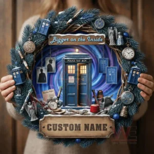Doctor Who inspired christmas wreath with blue door time vortex decorations and custom name plaque!