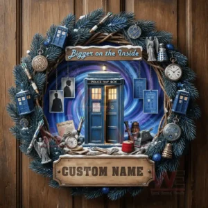Doctor Who themed christmas wreath with blue door pine branches ornaments and custom name sign!