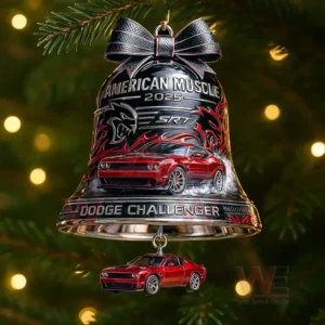 Christmas tree ornament bell with American muscle design showing a red Dodge Challenger car SRT logo flame graphics and a small matching car hanging beneath the bell!