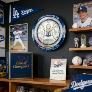 A Dodgers wall clock with a baseball themed face hangs in a room decorated with Dodgers flags framed player photos and baseball memorabilia!