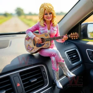 Pink dressed female musician figurine with a guitar sitting on a car dashboard during a daytime drive!