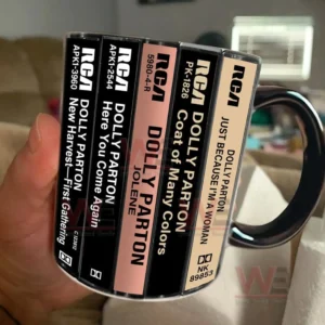 Retro Dolly Parton cassette album mug held in hand with detailed spine graphics and black handle!