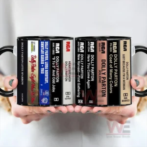 Pair of Dolly Parton cassette themed mugs held with both hands showing symmetrical album spine artwork!