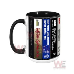 Side view of Dolly Parton cassette album mug with bold retro labels and classic music theme!