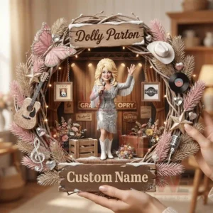 Christmas wreath ornament with a country singer figure on a stage framed by branches lights musical icons and a custom name sign!