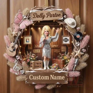 Dolly Parton Custom Christmas Wreath Ornament 3 Hanging Christmas wreath with country music stage design singer figure rustic decorations and a personalized name plaque!