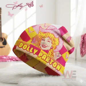 Dolly Parton In Dolly We Trust Beanie Hat cap 7 Patterned beanie with illustrated Dolly Parton design on a white rug.