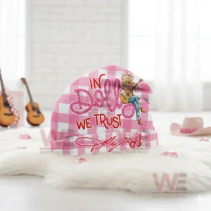 Dolly Parton In Dolly We Trust Beanie Hat cap 8 Pink checkered beanie with Dolly Parton guitar illustration and themed text.