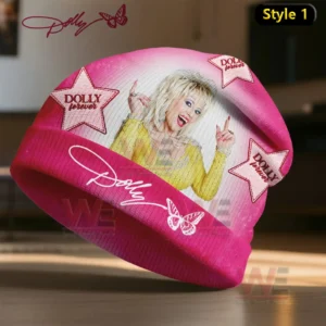 Dolly Parton In Dolly We Trust Beanie Hat cap 9 Pink beanie with Dolly Parton portrait and star graphics in a studio setting.