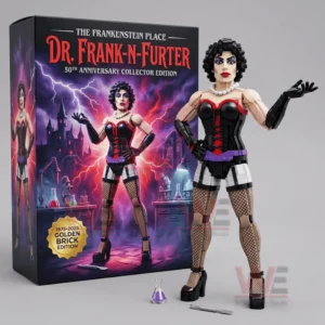 Brick theatrical character figure in a dramatic pose next to a collector box showing a gothic laboratory scene with lighting effects and props!