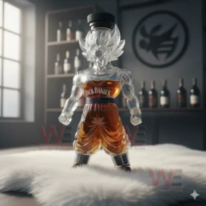 A clear figure bottle with spiked hair and an amber core stands on a white furry surface in a dim bar setting!