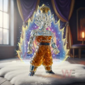 A clear figure bottle with spiked hair and glowing energy surrounds its amber core while standing on a soft white rug in an illuminated room!
