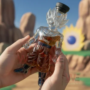 Hands holding a character shaped glass bottle with amber tones against a colorful outdoor scene!