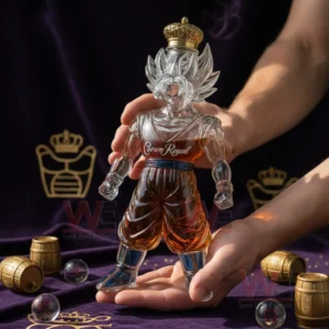 Hands presenting a glass character shaped bottle with amber liquid on a rich dark background!