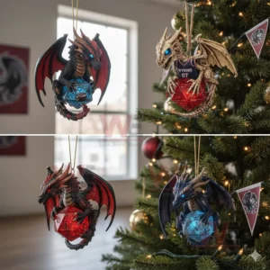 Dragon D20 Crystal Dice Ornament 4 Colorful dragon ornaments holding crystal dice on an indoor Christmas tree.