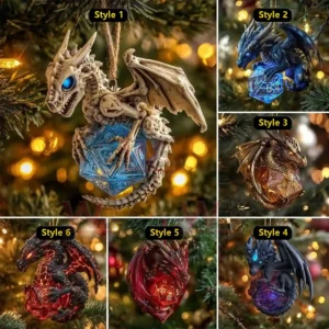 Dragon D20 Crystal Dice Ornament 5 Six dragon ornament styles each holding a glowing crystal dice on a Christmas tree.
