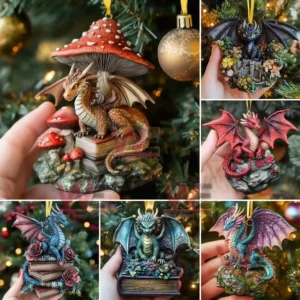 Various detailed dragon ornaments held in front of a Christmas tree!
