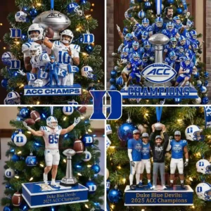 A decorated tree filled with Duke Blue Devils ornaments featuring players and championship elements celebrating the twenty twenty five ACC win!