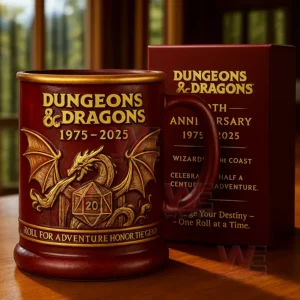 A red and gold anniversary mug with a dragon design displayed next to a matching box on a wooden table!
