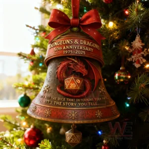 A fantasy themed anniversary bell ornament hanging on a brightly decorated Christmas tree!