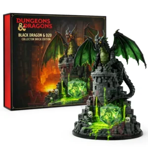 Building brick black dragon figure on a stone tower with glowing green dice displayed next to a themed collector box!