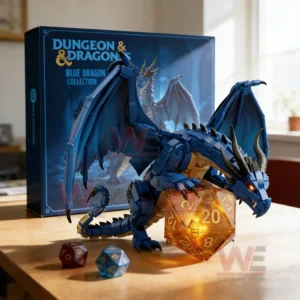 A blue dragon building brick figure with wings and horns holding a glowing fantasy dice displayed on a table next to a collector box!