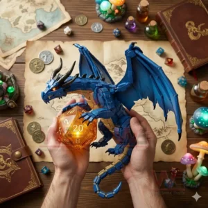 Dungeons & Dragons Blue Dragon & D20 Collector Brick Building Set 3 A blue dragon building brick figure holding a glowing dice displayed in hands over a fantasy role playing game table!
