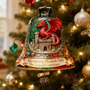 A decorative bell ornament with a red dragon atop a castle adorned with fantasy symbols and a hanging twenty sided die displayed on a Christmas tree!