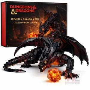 Building brick obsidian dragon figure on a stone base with glowing fantasy dice next to a collector box!