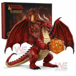 A red dragon building brick figure with wings and horns holding a glowing fantasy dice shown next to a collector display box!