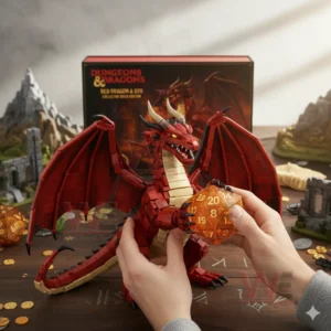 A red dragon building brick figure holding a glowing dice displayed in hands over a fantasy tabletop setting!