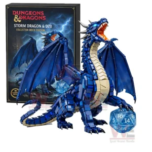 Blue storm dragon building brick model standing with wings spread next to a fantasy collector box!