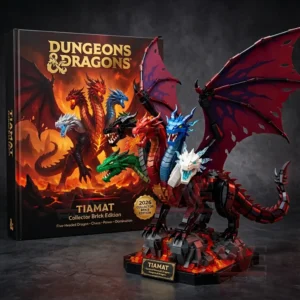 A large five headed dragon building brick statue posed on a base with a themed collector box in the background!