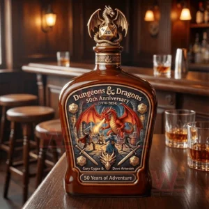 Fantasy anniversary bottle with dragon and adventurers artwork placed on a wooden bar in a warm tavern setting!