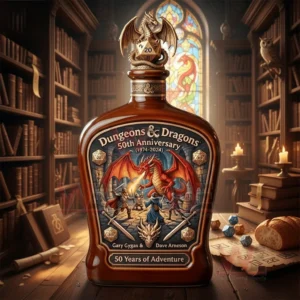 Dungeons And Dragons 50Th Anniversary 1974-2024 50 Years of Adventure Whiskey Bottle 3 Fantasy themed anniversary bottle with dragon artwork inside an ancient library filled with books candles and gaming elements!