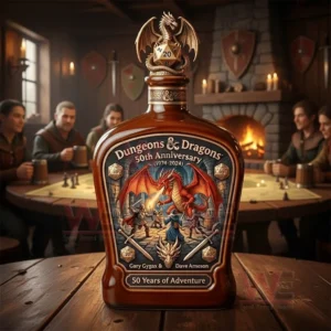A Dungeons and Dragons anniversary bottle with a dragon label and dice topper on a wooden table in a fantasy tavern gaming setting!