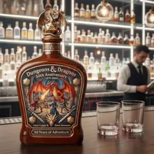 A Dungeons and Dragons anniversary bottle with a dragon label and dice topper on a bar counter next to two empty glasses!