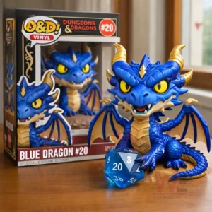 Blue dragon figure with yellow eyes and gold horns displayed next to its Dungeons and Dragons box and a blue twenty sided dice.