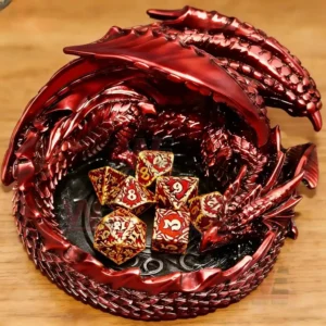 Metallic red dragon coiled into a circular dice tray holding red and gold polyhedral roleplaying dice on a wooden table!